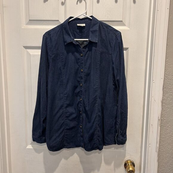 J. Jill Denim Button Front Shirt Size Large Womens Dark Wash Tencel Chambray Top - Picture 1 of 6
